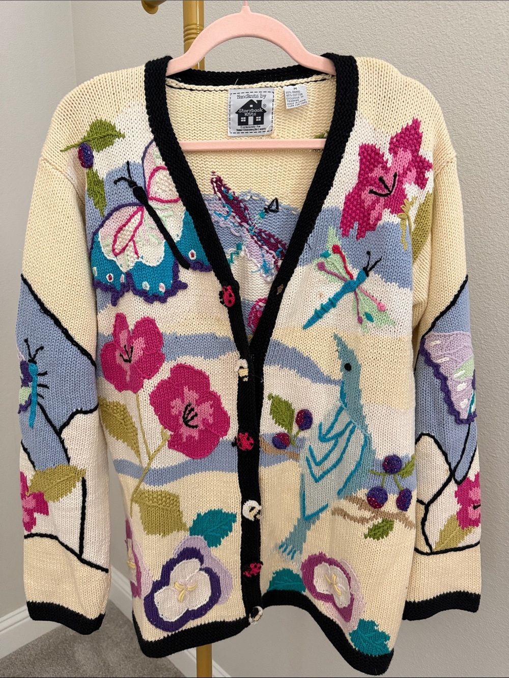 Vintage Storybook Knits Dragonfly Butterfly Floral Cardigan Sweater Medium